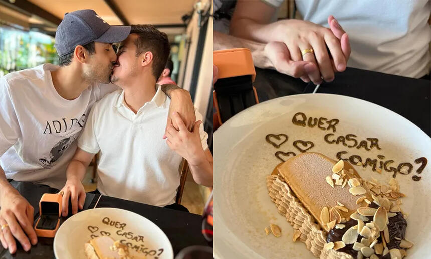 Douglas Souza beijando Gabi Campos, sentados num restaurante