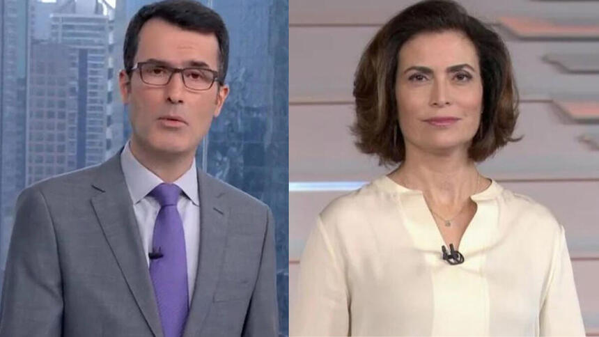 Fabio Turci e Giuliana Morrone em um montagem nos estúdios da Globo, durante apresentação nos telejornais