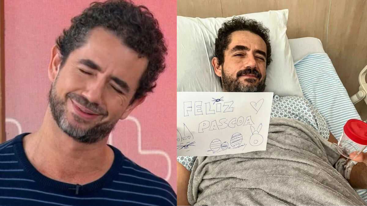 Felipe Andreoli participando do Mais Você, em montagem com uma imagem dele na cama de hospital