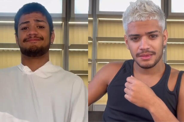 Gabriel Santana em montagem com os trechos de antes e depois da mudança para o cabelo platinado