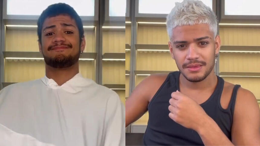 Gabriel Santana em montagem com os trechos de antes e depois da mudança para o cabelo platinado