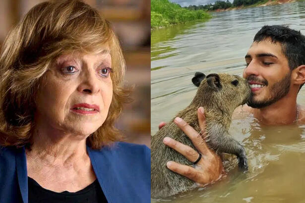 Imagem 1: Gloria Perez de blazer azul e camisa preta durante gravação de documentário; Imagem 2: Agenor beijando Filó no rio