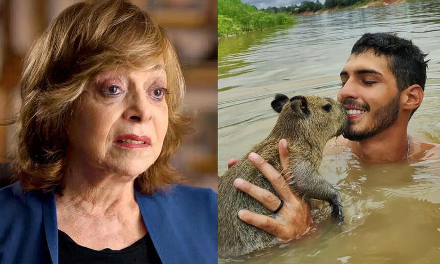 Imagem 1: Gloria Perez de blazer azul e camisa preta durante gravação de documentário; Imagem 2: Agenor beijando Filó no rio