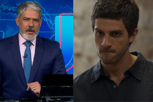 William Bonner, na bancada do Jornal Nacional, em montagem com Chay Suede, interpretando Ari, na novela Travessia