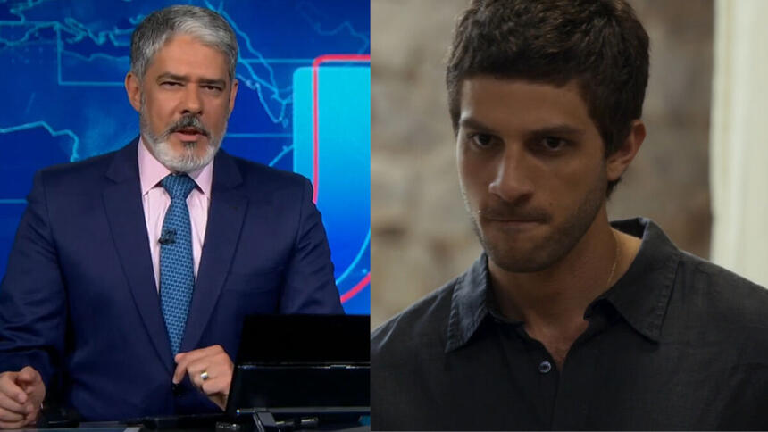 William Bonner, na bancada do Jornal Nacional, em montagem com Chay Suede, interpretando Ari, na novela Travessia