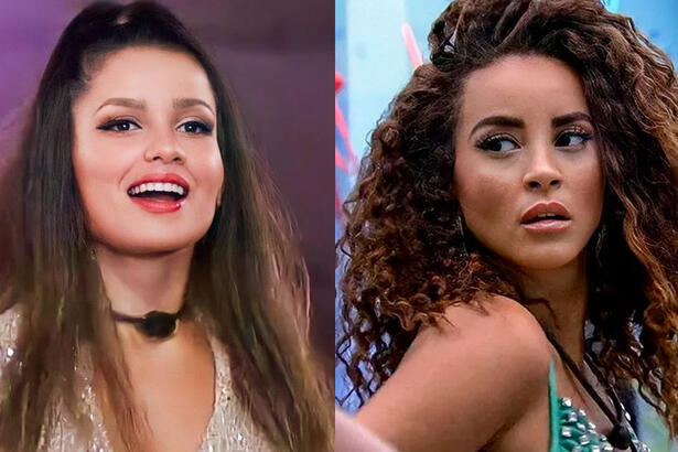 Julitte de cabelo preso, com macaquito prata no BBB 21; Domitila Barros de regata, no quarto do BBB 23