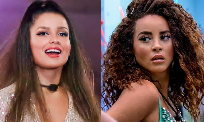 Julitte de cabelo preso, com macaquito prata no BBB 21; Domitila Barros de regata, no quarto do BBB 23