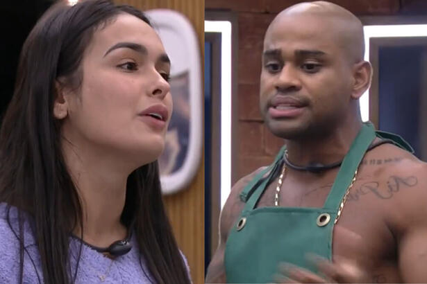 Montagem de Larissa e Cezar em trecho da dicussão no cozinha do BBB 23