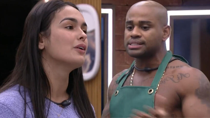 Montagem de Larissa e Cezar em trecho da dicussão no cozinha do BBB 23