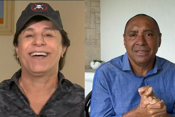 Tom Cavalcante sorrindo em entrevista ao Domingo Espetacular, ao lado Tiririca manda um recado para o amigo com quem formou dupla de sucesso na Record TV