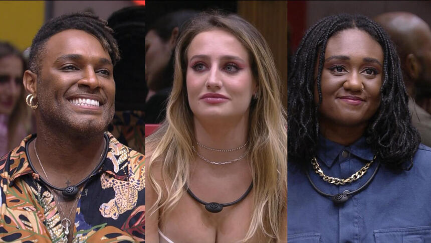 Montagem de Fred Nicácio, Bruna Griphao e Sarah Aline sentados no sofá do BBB 23, pedindo votos