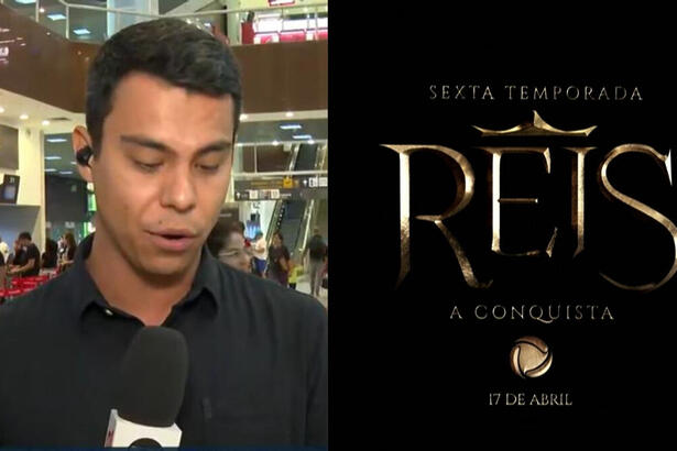 Montagem com repórter Bruno Grubertt, da TV Globo, fazendo link ao vivo no aeroporto que divulga a série Reis da Record TV