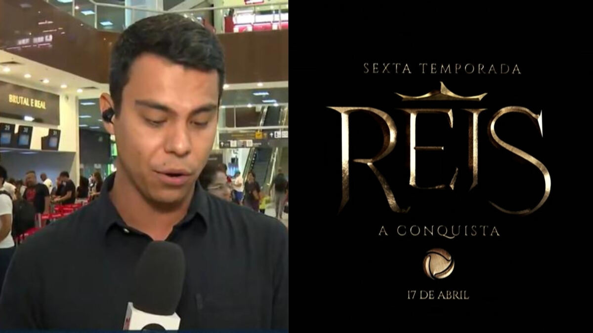 Montagem com repórter Bruno Grubertt, da TV Globo, fazendo link ao vivo no aeroporto que divulga a série Reis da Record TV