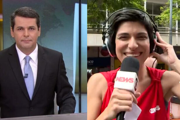 Montagem com Fábio William na bancada do Jornal Hoje e Thaís Itaqui na cobertura do carnaval da GloboNews em 2021