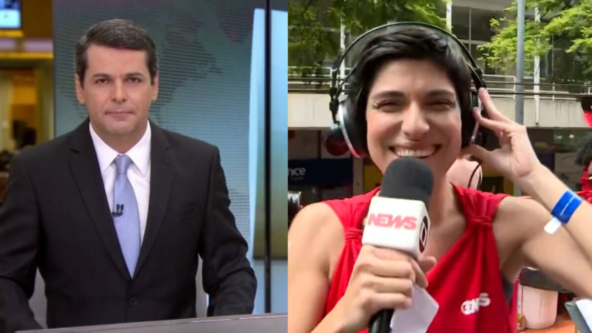 Montagem com Fábio William na bancada do Jornal Hoje e Thaís Itaqui na cobertura do carnaval da GloboNews em 2021
