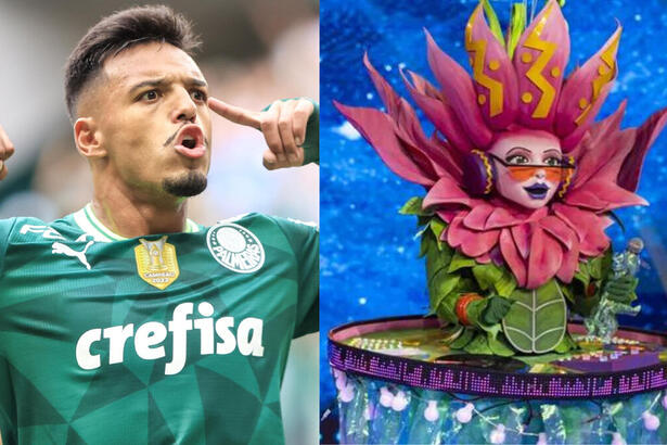 Gabriel Menino comemorando um dos gols pelo Palmeiras, em montagem com a Vitória-Régia no palco do The Masked Singer