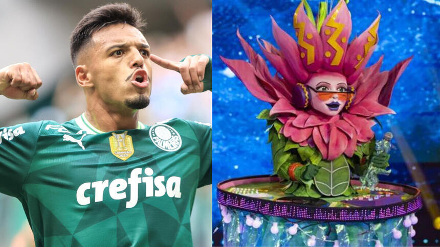 Gabriel Menino comemorando um dos gols pelo Palmeiras, em montagem com a Vitória-Régia no palco do The Masked Singer