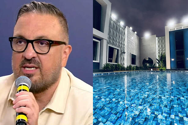 Imagem 1: Rodrigo Carelli segurando 1 microfone durante entrevista; Spoiler da piscina da Vila, da Record TV