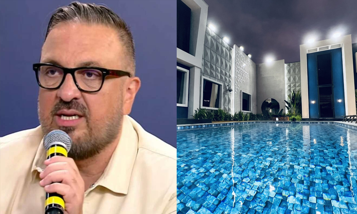 Imagem 1: Rodrigo Carelli segurando 1 microfone durante entrevista; Spoiler da piscina da Vila, da Record TV