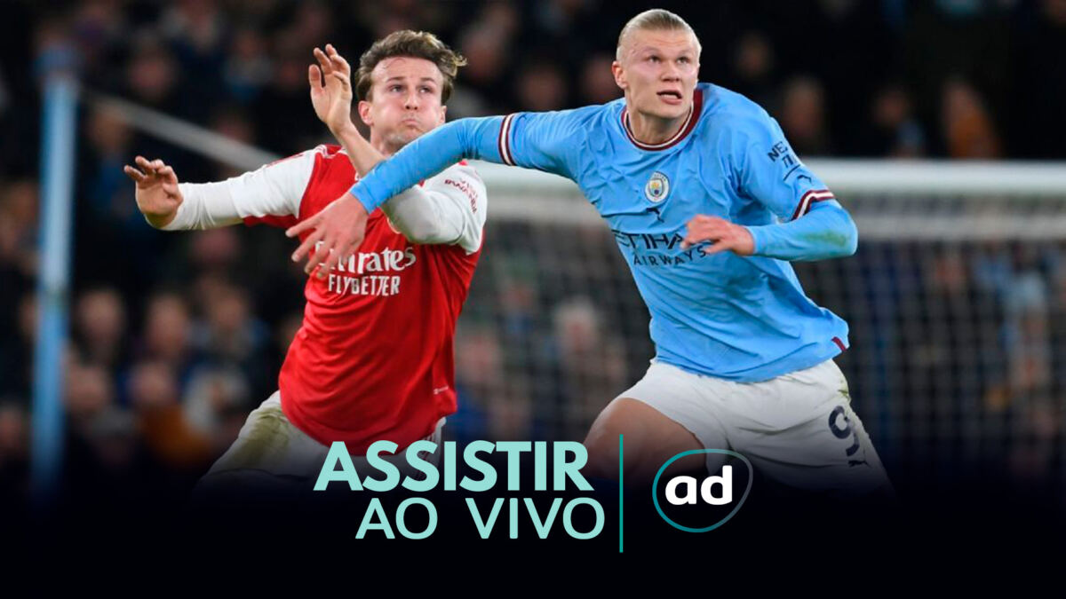 Arte de onde assistir ao jogo Manchester City x Arsenal, pela Premier League