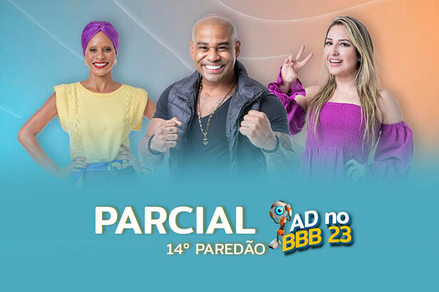 Aline, Cezar e Amanda na arte de parcial do 14º paredão do BBB 23