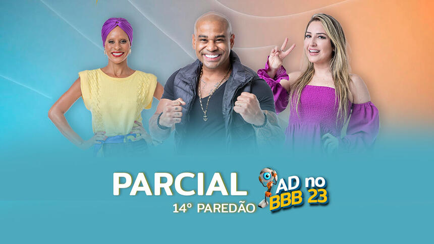 Aline, Cezar e Amanda na arte de parcial do 14º paredão do BBB 23