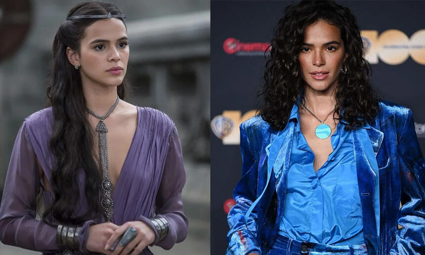 Imagem 1: Bruna Marquezine com vestimenta da sua personagem em Deus Salve o Rei; Imagem 2: Bruna Marquezine em encontro internacional para lançamento de Besouro Azul