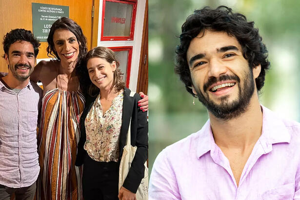 Caio Blat ao lado de Renata e Luisa Arraes nos bastidores de Peça de teatro