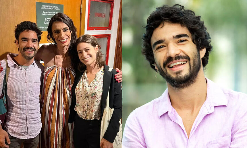 Caio Blat ao lado de Renata e Luisa Arraes nos bastidores de Peça de teatro