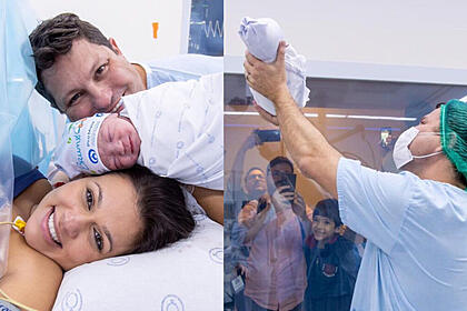 Eleandro Passaia posando no hospital, ao lado da esposa e do filho recém-nascido