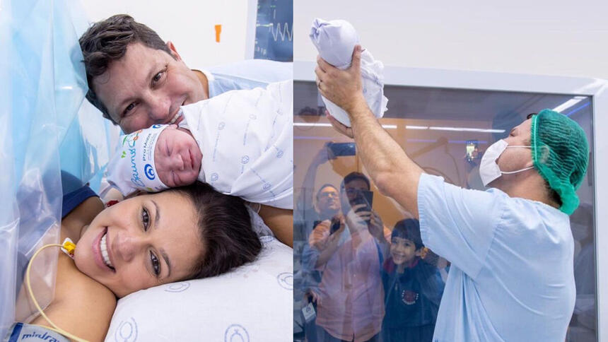 Eleandro Passaia posando no hospital, ao lado da esposa e do filho recém-nascido