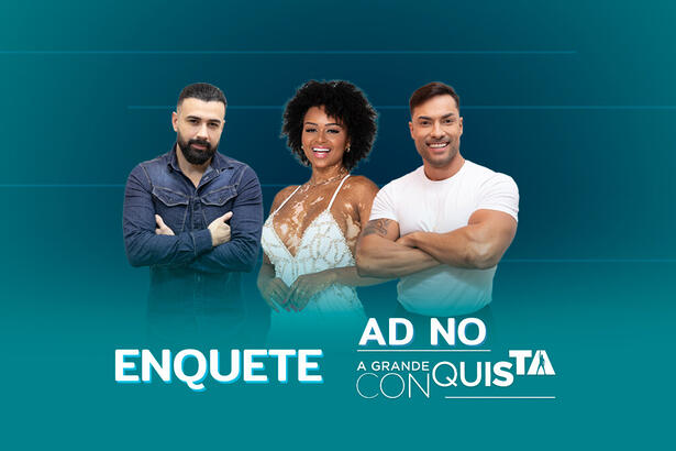 Arte da enquete do A Grande Conquista com Bruno Tálamo, Natália Deodato e Bruno Camargo na 1ª Zona de Risco