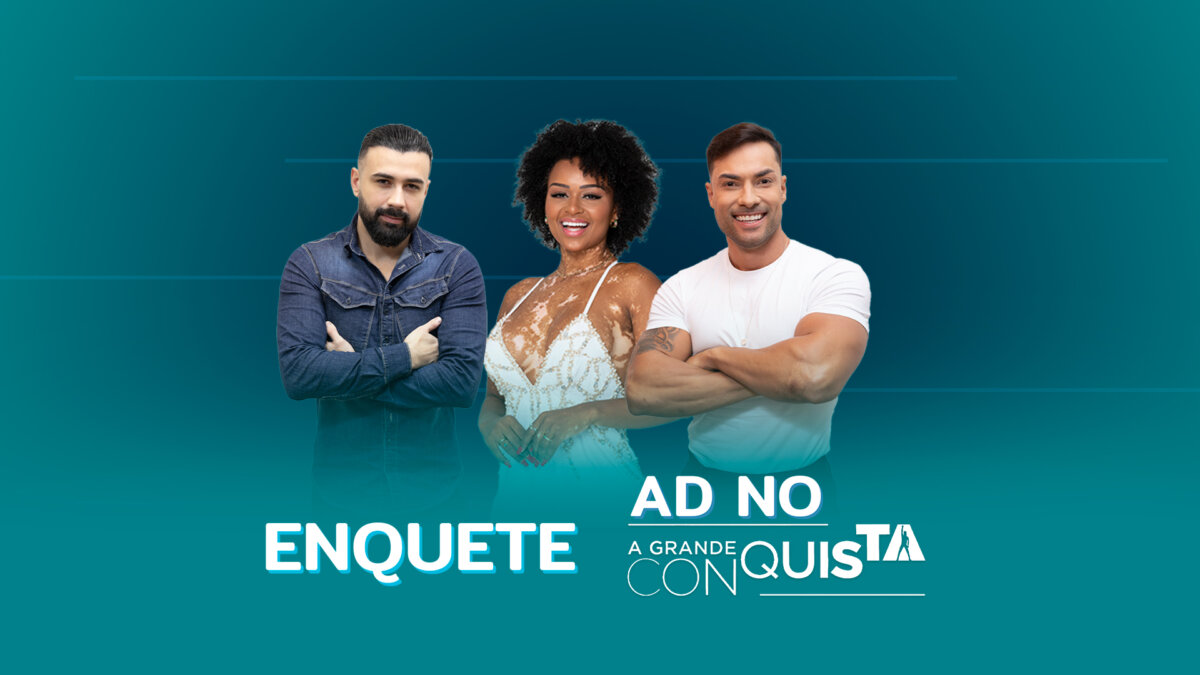 Arte da enquete do A Grande Conquista com Bruno Tálamo, Natália Deodato e Bruno Camargo na 1ª Zona de Risco