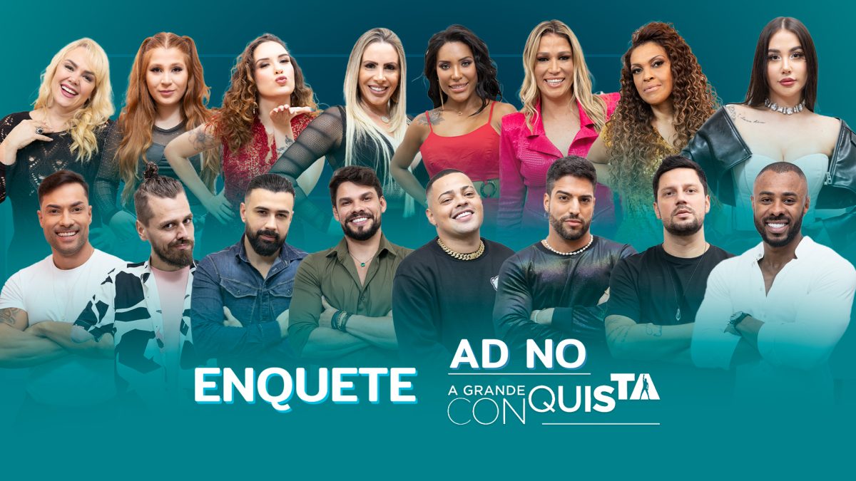 Arte da enquete com os 16 famosos que disputam 10 vagas na Mansão do A Grande Conquista da Record TV