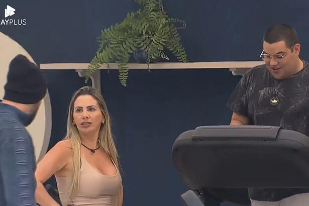 Faby Monarca, Bruno Tálamo e Erick Ricarte na área da academia do A Grande Conquista