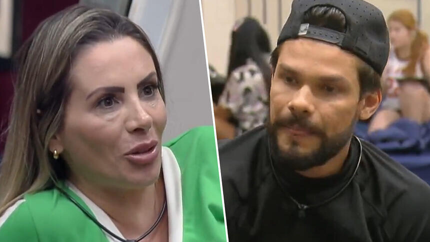 Faby Monarca e Alexandre Suita em uma montagem, em trecho de uma discussão no A Grande Conquista