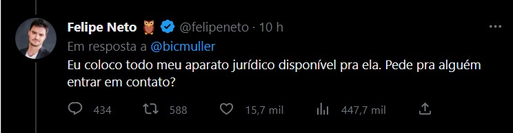 Publicação de Felipe Neto no Twitter oferecendo seus advogados para a Irmã Mônica