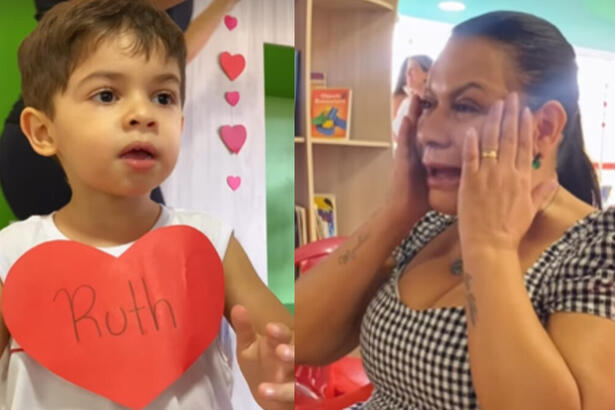 Filho Marília Mendonça em homenagem no Dia das Mães com um coração tendo escrito o nome da avó, em montagem com uma imagem de Dona Ruth chorando