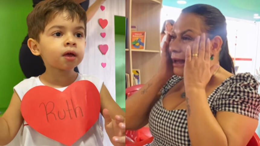 Filho Marília Mendonça em homenagem no Dia das Mães com um coração tendo escrito o nome da avó, em montagem com uma imagem de Dona Ruth chorando