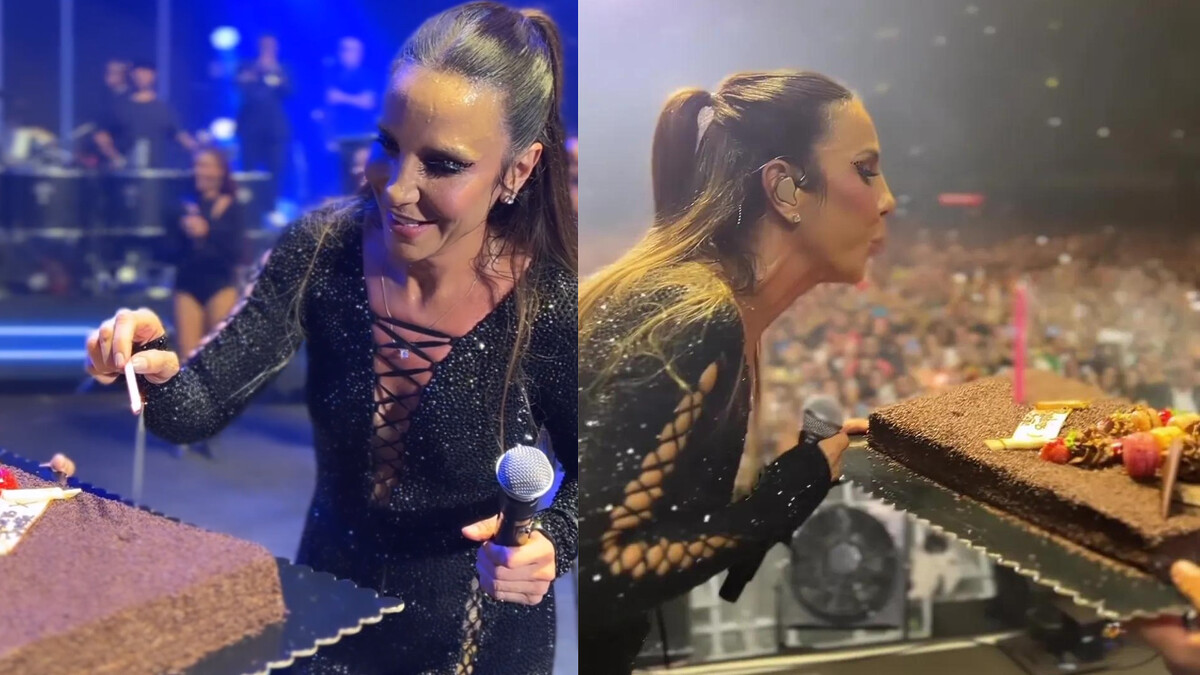 Ivete Sangalo em trechos do bolo de aniversário surpresa que recebeu durante show em Portugal