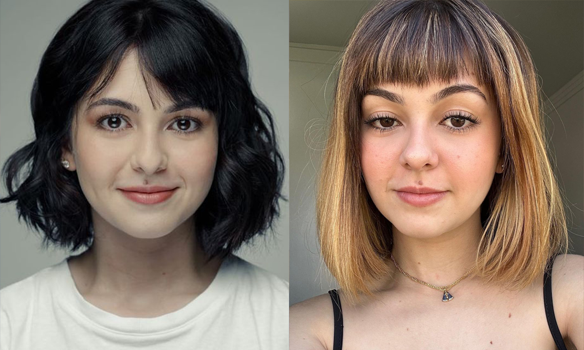 Klara Castanho de cabelo curto, preto, de camisa branca olhando pra frente; Imagem 2: Klara loira, de franja