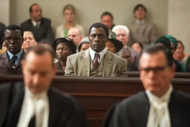 Trecho do filme Mandela: O Caminho Para a Liberdade, com o protagonista em um tribunal