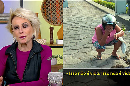 Montagem com Ana Maria Braga chorando. Ao lado a avó faz apelo ao lado do neto preso na Leopoldina, Rio de Janeiro