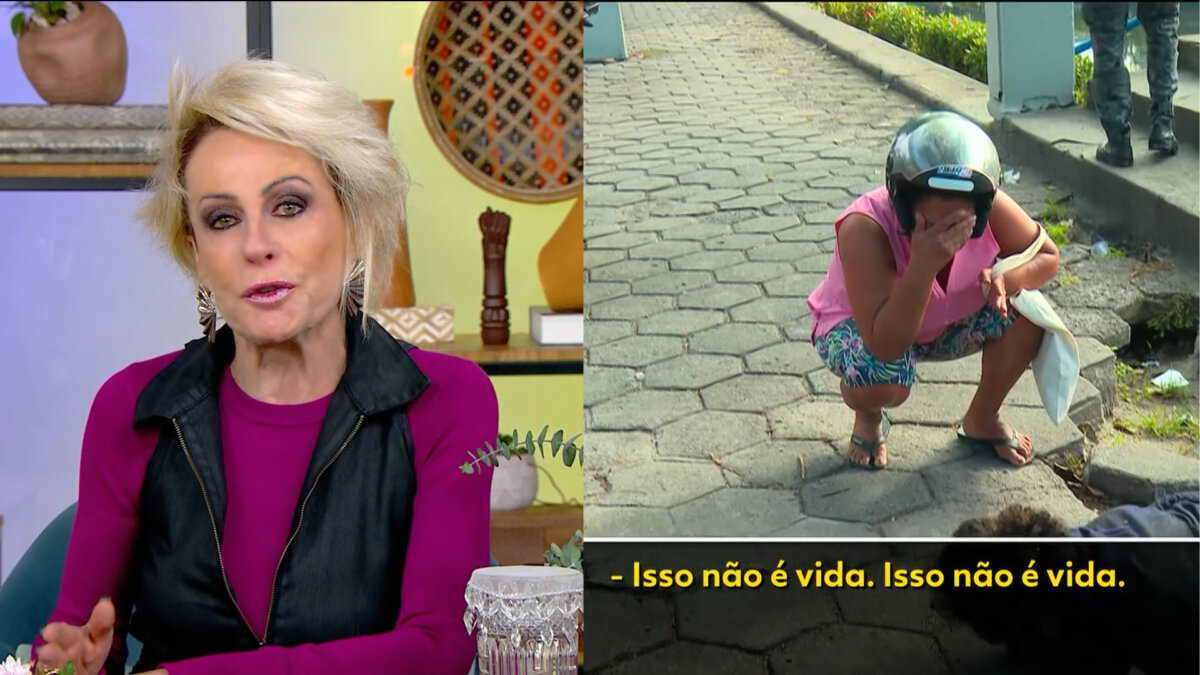 Montagem com Ana Maria Braga chorando. Ao lado a avó faz apelo ao lado do neto preso na Leopoldina, Rio de Janeiro