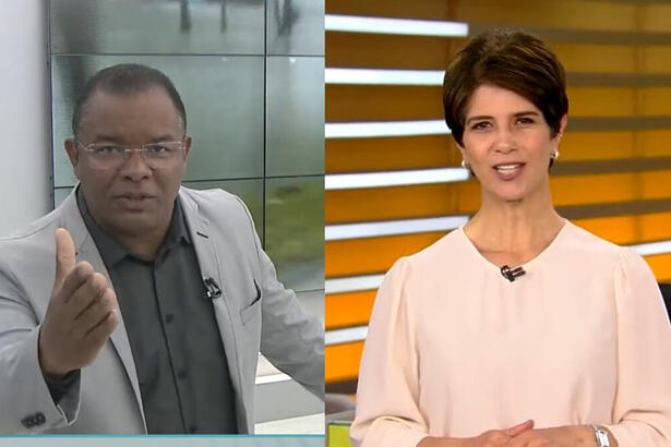 Montagem com Evenilson Santana encerrando o Balanço Geral Manhã em Pernambuco e Mariana Godoy no estúdio do Fala Brasil