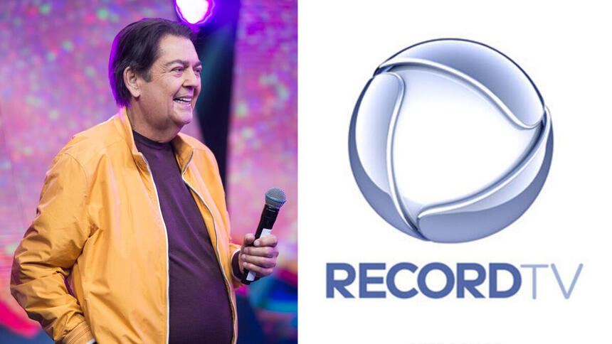 Montagem com Faustão sorrindo e o logo da record TV ao lado