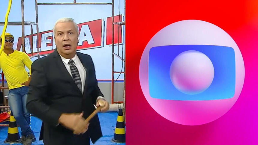 Montagem com Sikêra Jr. no cenário do Alerta que está em obras na TV A Crítica. Ele está com a boca aberta na primeira foto. Na segunda imagem o logo da TV Globo que comemora audiência.