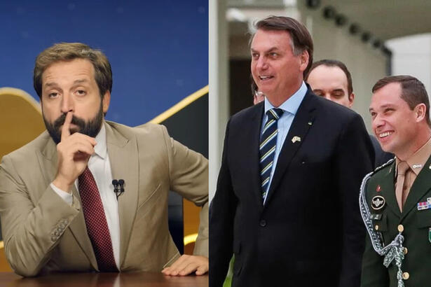 Montagem com Gregório Duvivier no cenário do Greg News com o dedo na boca e Jair Bolsonaro ao lado do Coronel Cid