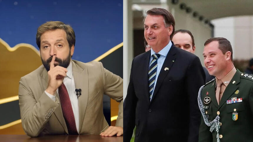 Montagem com Gregório Duvivier no cenário do Greg News com o dedo na boca e Jair Bolsonaro ao lado do Coronel Cid