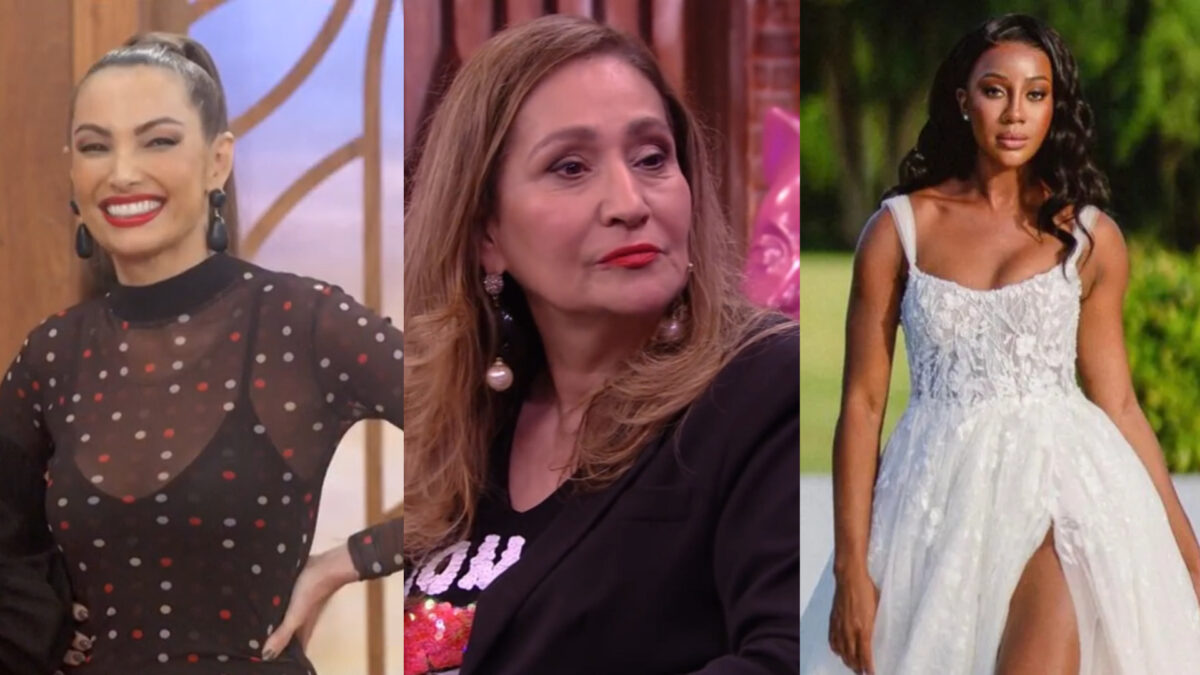 Montagem com Patrícia Poeta no Encontro sorrindo, Sonia Abrão séria no Lady Nigth e Camilla de Lucas mostrando seu vestido